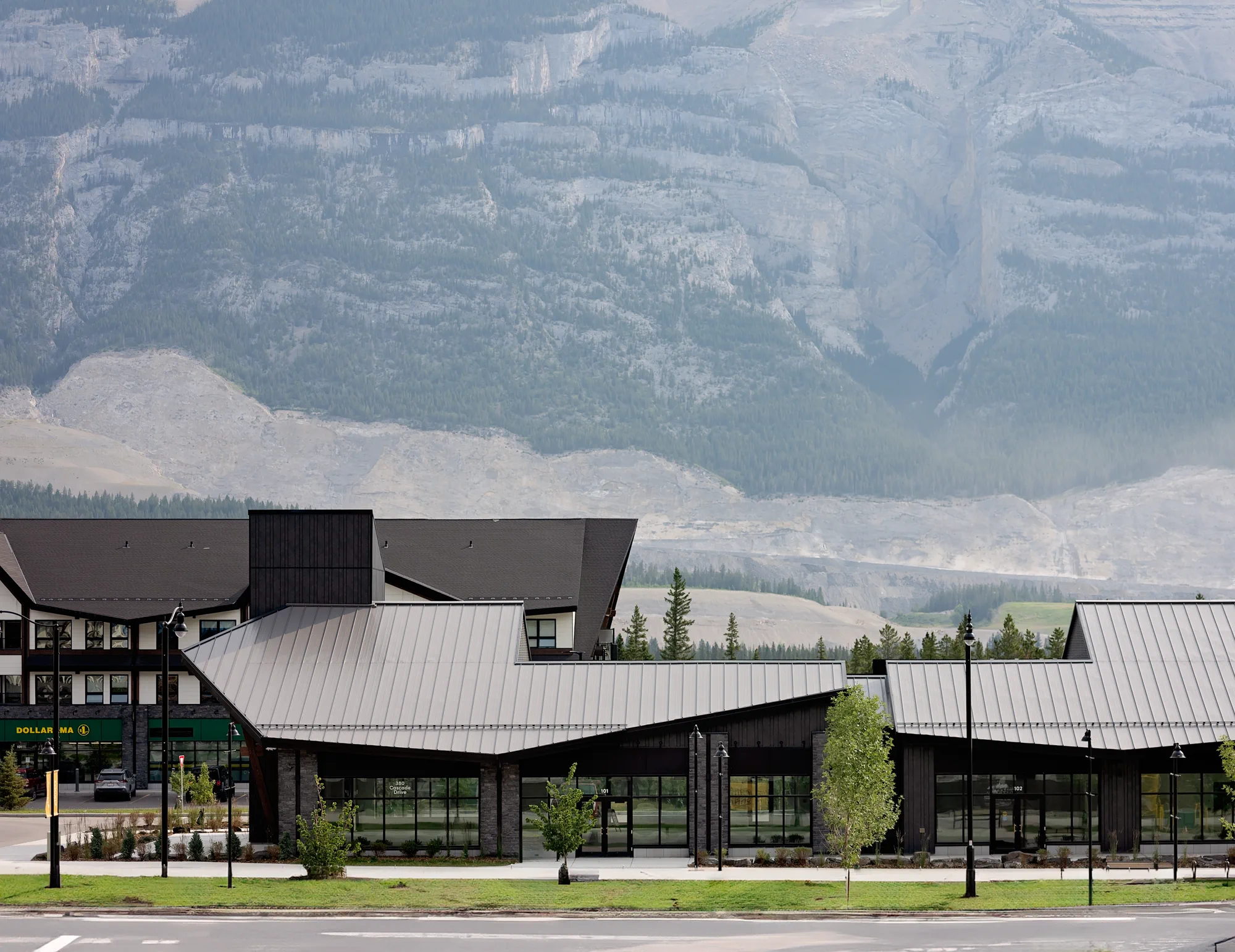 Gateway at Three Sisters commercial development against the mountains