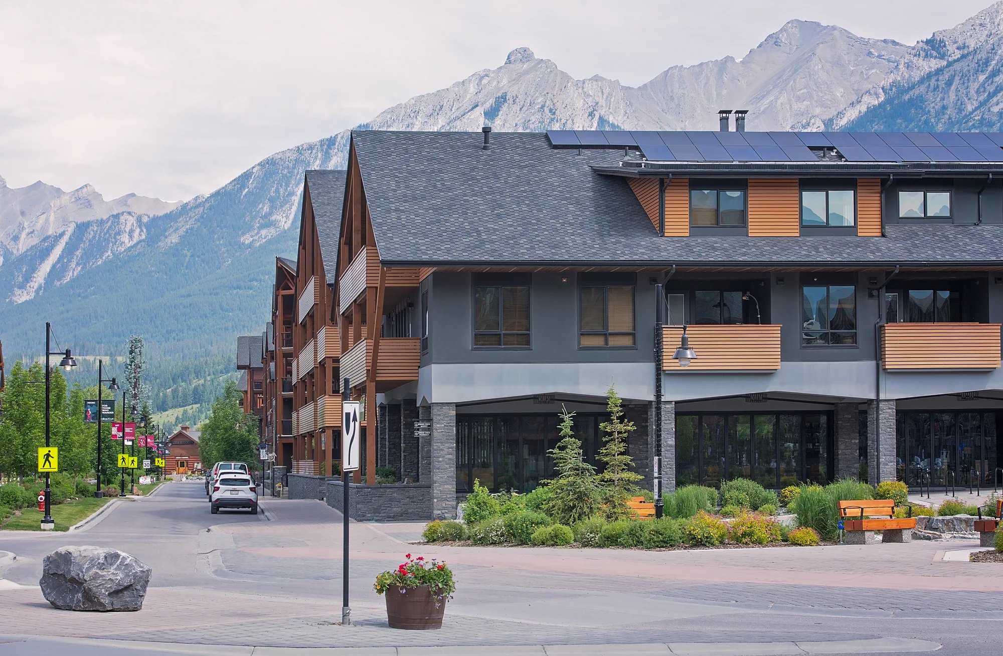 The Tamarack Lodge with a mountain backdrop